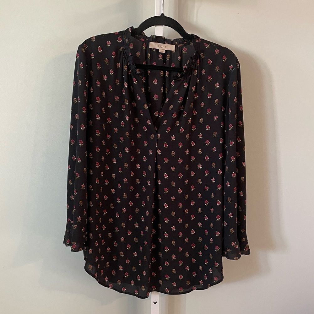 Loft Black Floral Top with Ruffled Sleeves